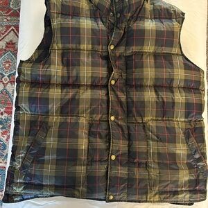 Men’s Lands' End Blue Quilted Vest with Olive Plaid and Red Accents